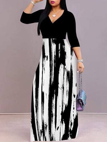 Image of SUZONANA Plus Size Dresses for Women Print Maxi Dresses Flowy 3 /4 Sleeve with Belt