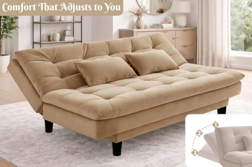 Image of Velvet Fabric Wooden 3-Seater Apsen Sofa Bed with Tufted Couch with Adjustable Backrest- Living Room Furniture-Golden-Color