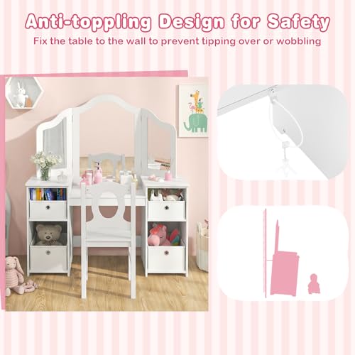 Image of INFANS Kids Vanity, 2 in 1 Princess Makeup Desk & Chair Set with Tri-Folding Detachable Mirror, Large Storage Shelves, Wooden Pretend Play Dressing Table for Girls (Cream White)
