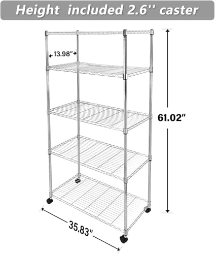 YSSOA Heavy Duty 5-Tier Storage Shelving Unit, 35.83" W x 13.98" D x 61.02" H, 1250 Lbs Loading Capacity, Chrome