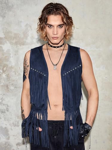 Image of Verdusa Men's Sleeveless V Neck Studded Detail Fringe Trim Open Front Vest Jacket