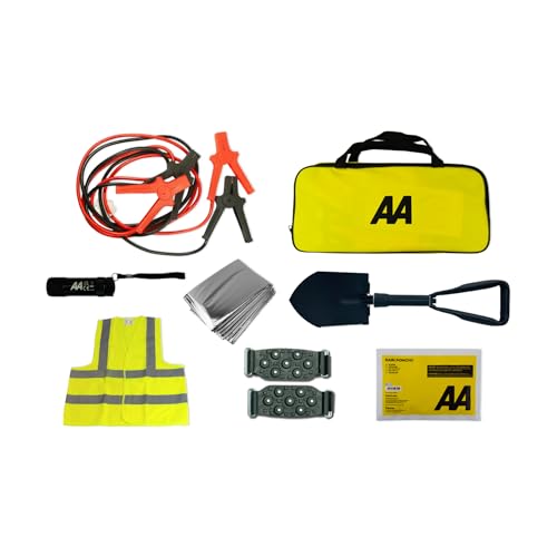 AA Emergency Winter Car Kit AA5281 - Folding Snow Shovel 9-LED Torch Foil Blanket Hi-Vis Vest Rain Poncho Booster Cables Pair Snow Grips