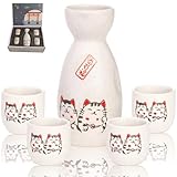 Tlence 5 Pieces Ceramic Japanese Sake Set, Cute Maneki Neko Sake Cups, Saki Set with 1 Serving Carafe Bottle 4 Cups in Lucky Fortune Cat Pattern for Hot Drink, Home Decoration, Gift, Dishwasher Safe