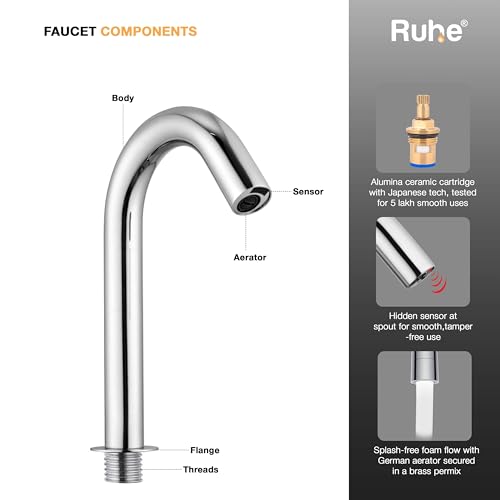 Image of Ruhe Touchless Sensor Faucet | Brass Automatic /Touchless /Sensor Based /Hands Free Bathroom Sink Tap /Faucet | Chrome Finish