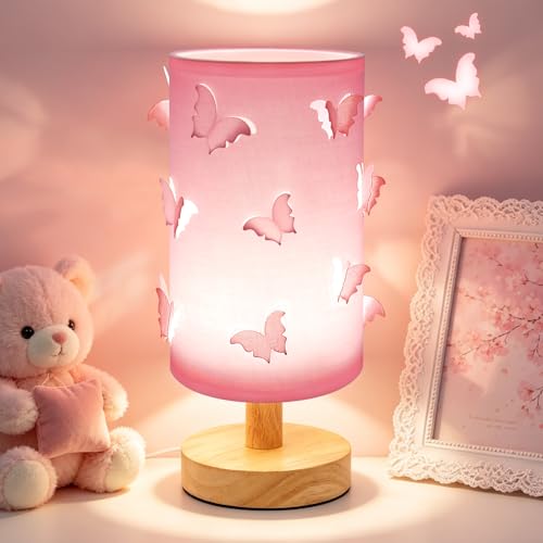 3D Butterfly Pink Table Lamp Cute Princess Lamp for Girls Bedroom 3-Color Dimmable Light with Wood Base & Adjustable Brightness Kids Teen Decor Table Lamp for Living Room and Bedside (Pink)