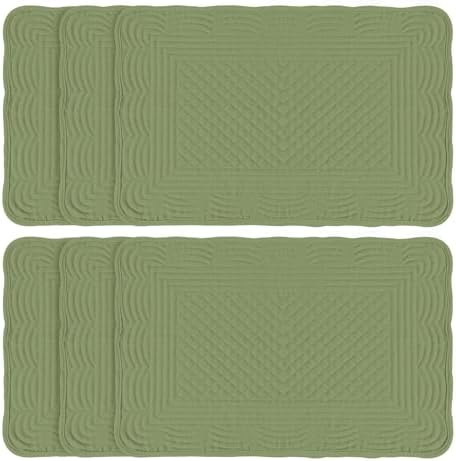 Quilted Placemats Set of 6, Rectangular Placemats Machine Washable for Kitchen or Dining Table Fabric Rectangular Table Mats 100% Cotton Green