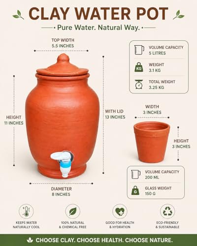 Image of KUYAVAN MUDPANDAM 5 Litre Clay Water Pot with Tap & Lid | Terracotta Matka with 200 ML Clay Glass | Natural Cooling Earthen Water Dispenser for Home & Kitchen