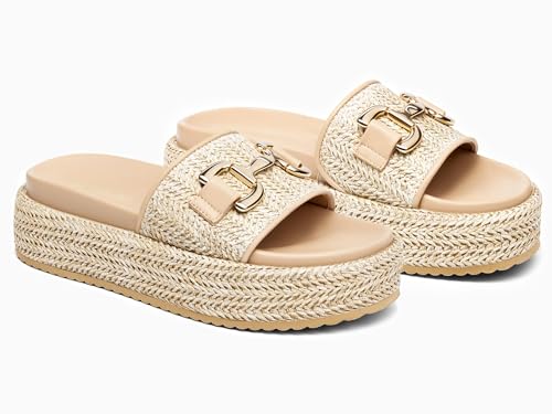 Image of Coutgo Womens Platform Sandals Raffia Espadrilles Metal Chain Slip on Open Toe Cute Beach Slide Sandals