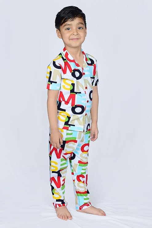 Image of 3BROS Unisex Pure Cotton Short Sleeve Kids Night Dress for Boys & Girls Nightwear /Sleepsuit /Sleepwear /Loungewear Night Suit for Boys and Girls Top and Pyjama Combo Set | JB20HS6031-Parent