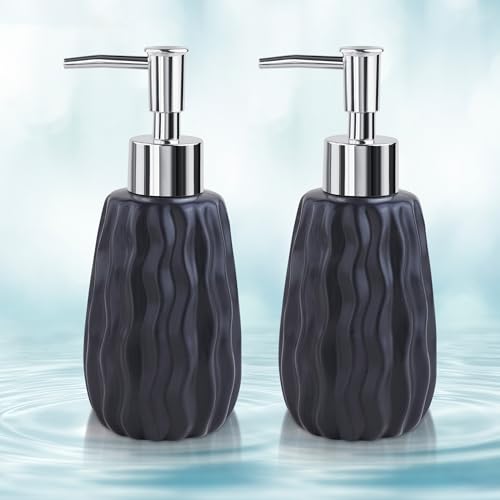 Image of Ceramic Soap Dispenser for Wash Basin - Handwash Dispenser Bottle - Leak-Proof Design with Silver Glossy BPA-Free Pump, Velo, Black, Pack of 2,SoapDispenser VeloCombo BlackBlack