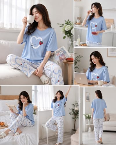 Image of Women's Pure Cotton Nightwear Set - Cute Printed Lavender Half Sleeve T-Shirt and Pajama Set for Girls, Comfortable Loungewear & Sleepwear