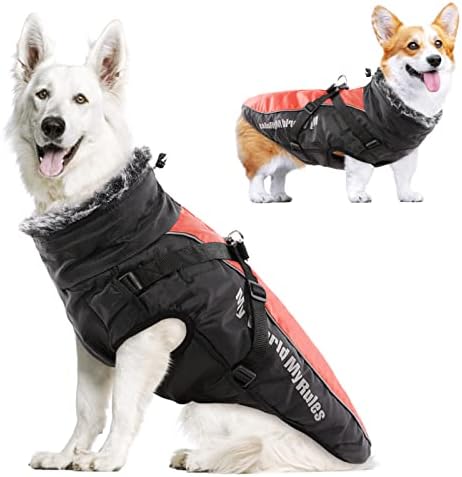 MORVIGIVE Reflective Dog Winter Jackets, Waterproof Windproof Cold Weather Dog Coats with Harness & Furry Collar, Thick Cotton Padded Pet Warm Vest Outdoor Sports Jacket Apparel for Medium Large Dogs