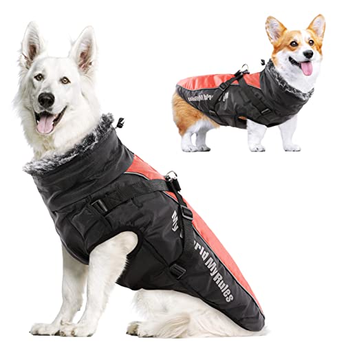 Morvigive Reflective Dog Winter Jackets, Waterproof Windproof Cold Weather Dog Coats With Harness & Furry Collar, Thick Cotton Padded Pet Warm Vest Outdoor Sports Jacket Apparel For Medium Large Dogs #TOP9