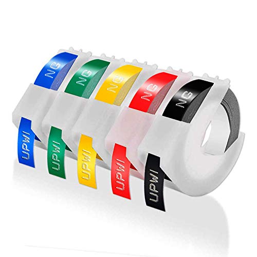 Upwinning 3D Cinta 9mm x 3m compatible con Dymo Omeg Junior Embosser Cinta 9 mm x 3 m, Recambio Dymo Embossing Cinta de Etiquetas de vinilo 3D, Blanco sobre Negro/Azul/Rojo/Amarillo/Verde