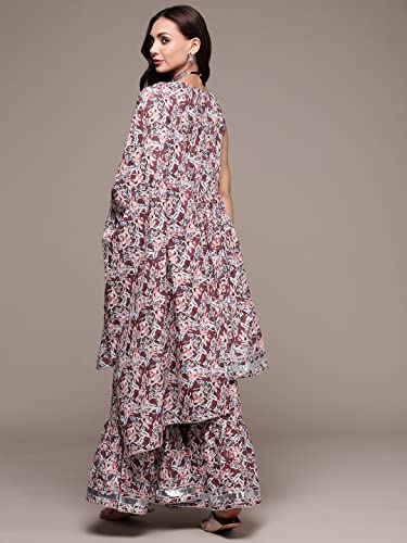 Image of anubhutee Women's Cotton Mauve Gota Patti Floral Printed A-Line Kurta Suit Set with Sharara and Dupatta