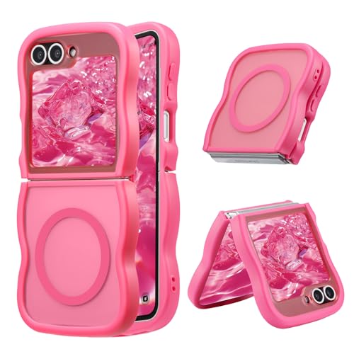UEEBAI Magnetic for Samsung Galaxy Z Flip 5/Z Flip 6 5G Case, Cute Cover Compatible with MagSafe, 2025 Transparent Clear Wave Design Wavy Frame Matte Phone Case, Rosy