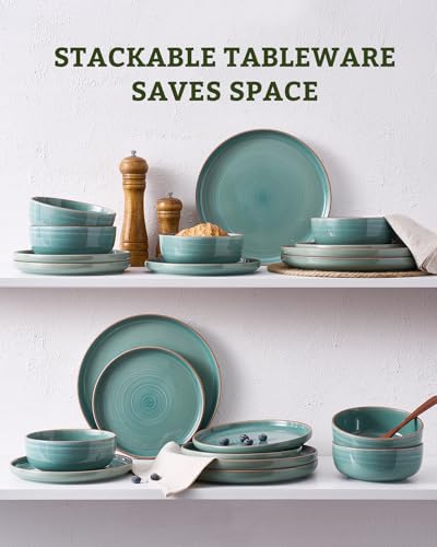Image of Famiware Meteor 18-Piece Stoneware Dinnerware Set, Peacock Green | Plates and Bowls for 6, Reactive Glaze with Speckles & Circles, Microwave /Dishwasher Safe, Chip /Scratch Resistant