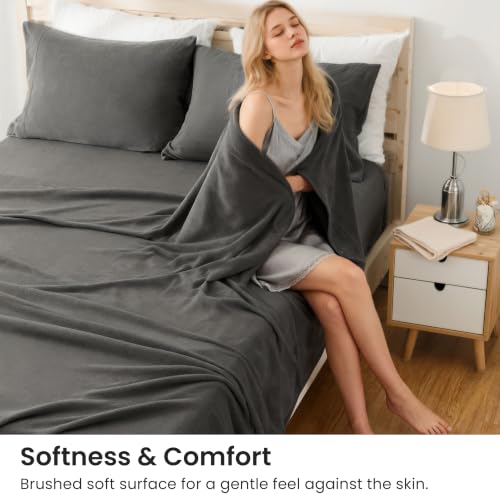 Image of Love's cabin Fleece Queen Sheet Set - 4 Pcs Dark Grey Winter Soft Plush Polar Fleece Bed Sheets Set with 16 inch Deep Pocket,Cozy Warmth for Cold Season(1 Flat Sheet,1 Fitted Sheet,2 Pillow Cases)