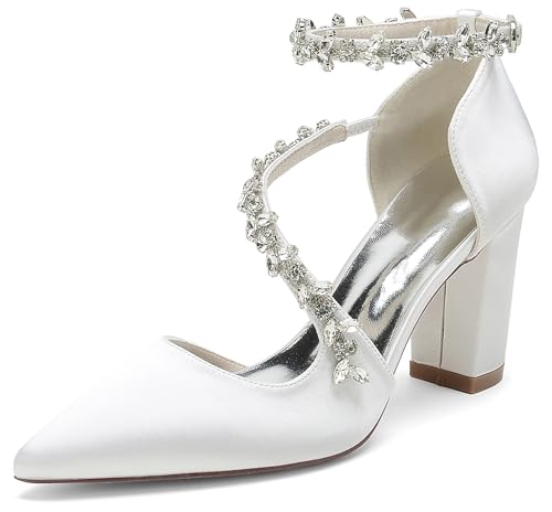 MINITOO Sexy Evening Scarpe da donna con tacco grosso décolleté da sposa con strass MY138, My138 Bianco 8 5 cm tacco, 37 EU