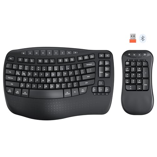 MEETION Wave Ergonomic Keyboard, 2.4GHz Wireless/Bluetooth Split Keyboard with Wrist Rest, Separate Mini Numeric Keypad, Flexible 2-in-1 Setup for Left-Handed/Accountants/Data Entry