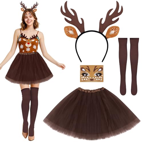 Kkluno Deguisement Renne Femme - Costume de Chevreuil Carnaval acve Serre Tete Cerf Deer Costume Tutu Chaussettes Autocollant Visage pour le Carnaval Noël et les Fêtes