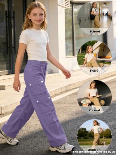 Image of SANGTREE Girls High Waist Casual Y2k Wide Leg Cargo Pants, 4-14 Years