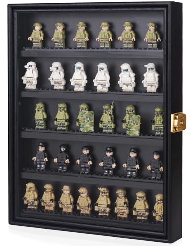 Minifigure Display Case 11X14 Inch with Lock,Figures Building Block Toy Wooden Shadow Box?Miniature Collectibles Display Cabinet Wall Mount or Tabletop for Storage Mini Figure Black