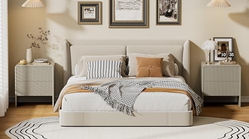 Image of Set of 2 Modern Curved Nightstand with 2 Drawers, Push-to-Open Wooden Bedside Table, Minimalist End Table for Bedroom, Beige