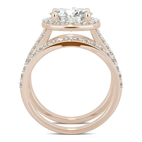 Charles & Colvard 14K Rose Gold Forever One Colorless 9mm Round Moissanite Split Shank Halo Bridal Set, 3.69cttw DEW3