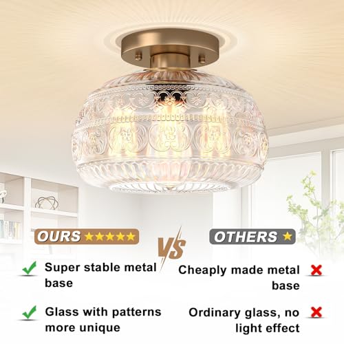 Semi Flush Mount Ceiling Light, Upgraded Modern Close to Ceiling Light Fixture with Clear Glass,Gold Indoor Kitchen Lighting for Porch Corridor Hallway Bedroom, Bulb Not Included