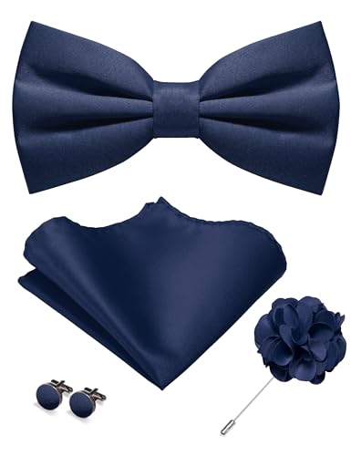 JEMYGINS Pre-tied Navy Blue Bow Tie and Pocket Square Cufflinks Lapel Pin Sets for Men Wedding Party(7)