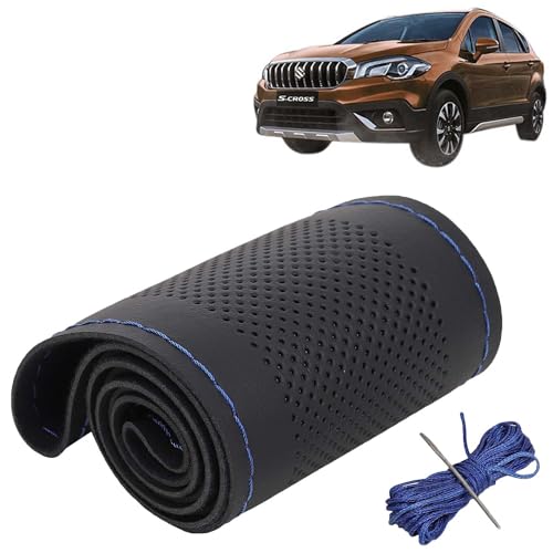 Image of KINGSWAY PU Leatherite Car Steering Cover Sewable Compatible with Maruti Suzuki S Cross (Year 2020 Onwards), Black Color with Blue Thread, Pack of 1 with Sewing Needle and Thread