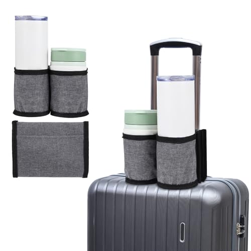 Oruola Travel Cup Holder for Luggage,Luggage Travel Cup Holder with 2 Coffee Mugs Tightening Drawstring, Luggage Cup Holder for Flying & Travelers for Flight Attendants, Business, Travelers Grey