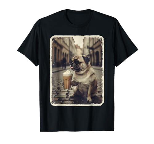 Funny Dog Pug Drinking Iced Coffee Animal Meme Men Women T-Shirt