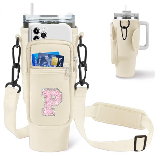 Aganmi Water Bottle Holder Bag with Strap for Stanley 40 oz Tumbler with Handle,Glitter Letter Crossbody Water Bottle Carrier Bag with Phone Pocket for Travel Hiking Picnic Accessories (Cream P)