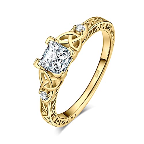 JewelryPalace Vintage Celtic Knot Princess Cut 1.2ct Cubic Zirconia Solitaire Engagement Rings for Women, 14k Yellow Gold Plated 925 Sterling Silver Promise Rings, Simulated Diamond Ring Size 10