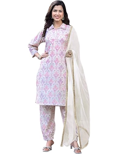 Image of Pinkmint Women's Muslin Printed Kurta Set with Pants & Dupatta l 3 Piece Ethnic Suit for Casual
