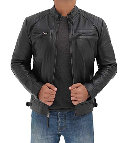 Decrum Black Leather Jacket Men Real Lambskin Jacket | [1100094] Diamond 1 Black, L