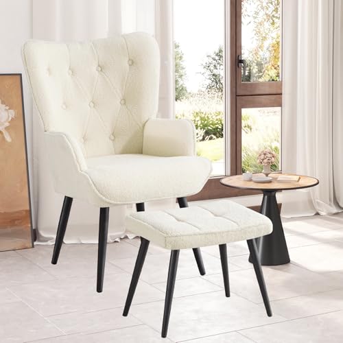 Ckaff Fauteuil Salon avec Repose-Pieds, Fauteuil Scandinave Relax en Boucé avec Accoudoirs & Dossier, Chaise Chambre pour Salle à Manger, Salon, Chambre,...