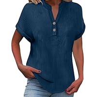 Shirt Damen, Musselin Leinenbluse Damen 2025 Frauen Sommer Tshirt Baumwolle Leinen T-Shirt Knopf V-Ausschnitt Tunika Tops Casual Tshirts Trendy Strandkleid Bluse, Marine M