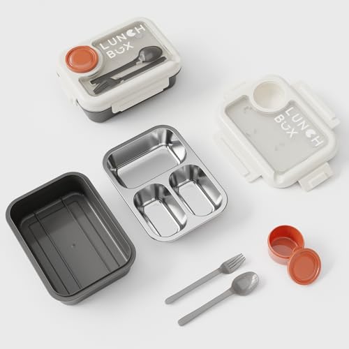 Image of Stainless Steel Lunch Box for Kids & Adults, 3 Compartment Bento Box with Spoon Fork, Leakproof BPA Free Tiffin for School Office College Travel (Grey)