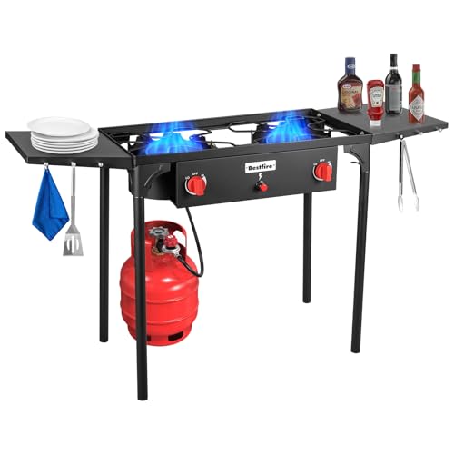 Bestfire 2 burner Camping Stove with Auto Ignition Button,Side Shelves & Regulator150,000 BTU Gas Stove Propane Burner With Removable Legs for Outdoor BBQ&Backyard Cooking Camping Home