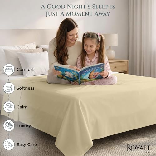 Image of Royale Linen 400 Thread Count 100% Cotton Flat Sheets Only - Cooling Sheets - Twin Top Sheet Sold Separately - Luxury Sateen Weave - Breathable & Super Soft White Flat Sheet Only (Twin, Moroccan Sand)