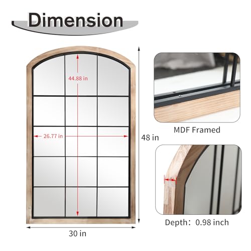 Arch Window Mirror, 30X48 Farmhouse Wall Mirror, Wood Framed Rustic With Metal Inner Frame, Decorative for Entryway & Living Room, Natural - Image 5