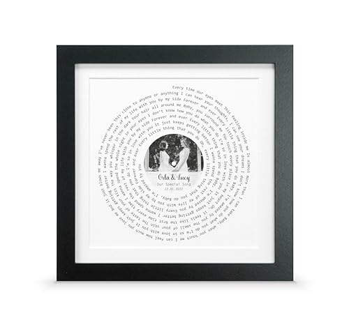 VerbatimART Personalised Song Lyric Print with Photo – Custom Vinyl Record Wall Art (Print & Standard Frame, 8 inch Square)