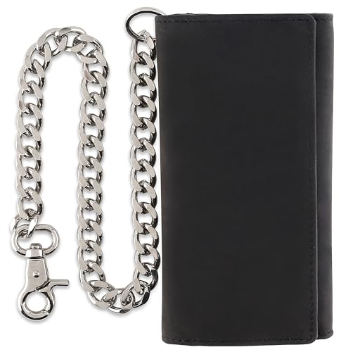 Image of F&L CLASSIC RFID Blocking Mens Tri-fold Long Style Cowhide Leather Steel Chain Wallet,buffalo premium black leather,212-60