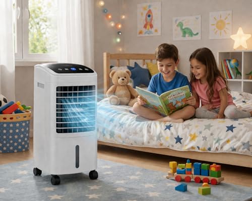 Aire Acondicionado Portátil 4 en 1, Enfriador de Aire con 6L Tanque, 4 Modos, 3 Velocidades, 60° Oscilación, Temporizador de 1-12 H, con Ruedas, Control Remoto, 4 Packs de Hielo, Silencioso