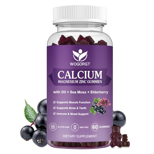 WOGORGT Calcium Magnesium Zinc Gummies with Vitamin D3 - High Absorption Complex Calcium Supplement with Sea Moss, Elderberry for Bone, Muscles, Immune, Mood & Sleep Support, Vegan - 60 Gummies