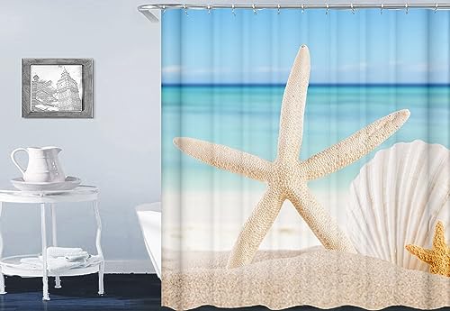 Homxi Duschvorhang mit Ösen,165 W x 180 H cm,Badvorhang Khaki Blau Strand mit Seesternen und Muscheln Polyester Duschhaken Duschvorhang