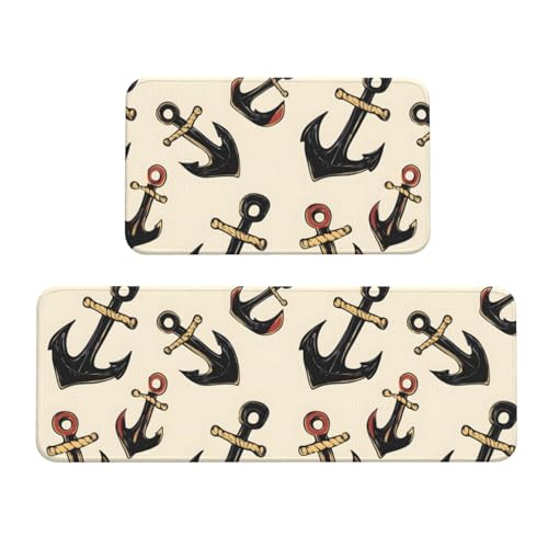 GVYGVY Antifatigue Kitchen Mats for Floor 2 Piece - Cool Anchor Print Kitchen Rugs Washable, Non Slip Runner Rug Standing Mat for Office/Bathroom/Laundry/Home Decor and Accessories